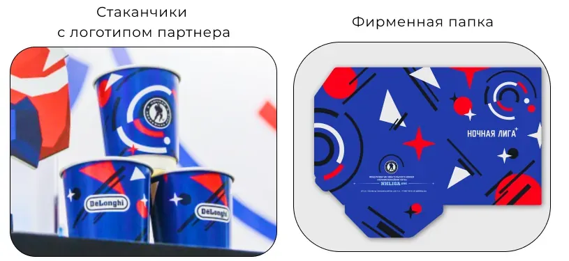 Стаканчики с логотипом партнёра и фирменная папка в паттерне №3