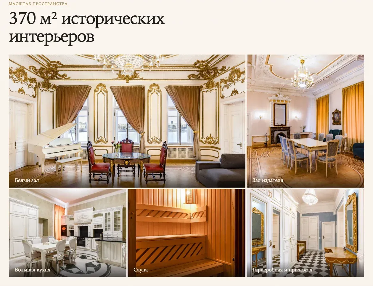 Блок «370 м² исторических интерьеров» — Белый зал, Зал издателя, кухня, сауна и гардеробная
